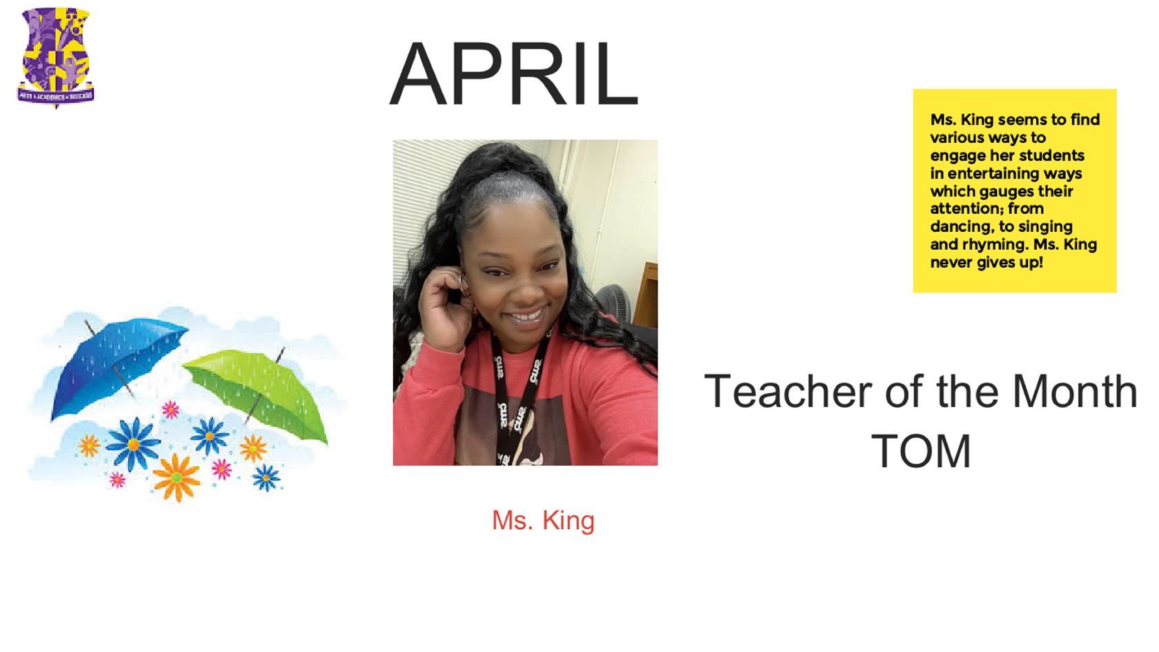 Congrats to Mrs. King as UPCA's Teacher of the Month 