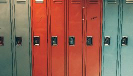  blue and red lockers in a line