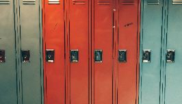  blue and red lockers in a line