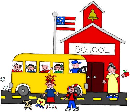 cartoon bus and school