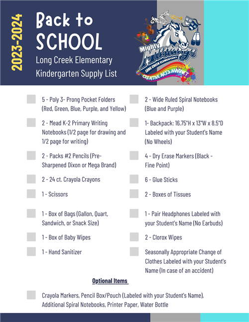 2023-2024 Kindergarten School Supply List