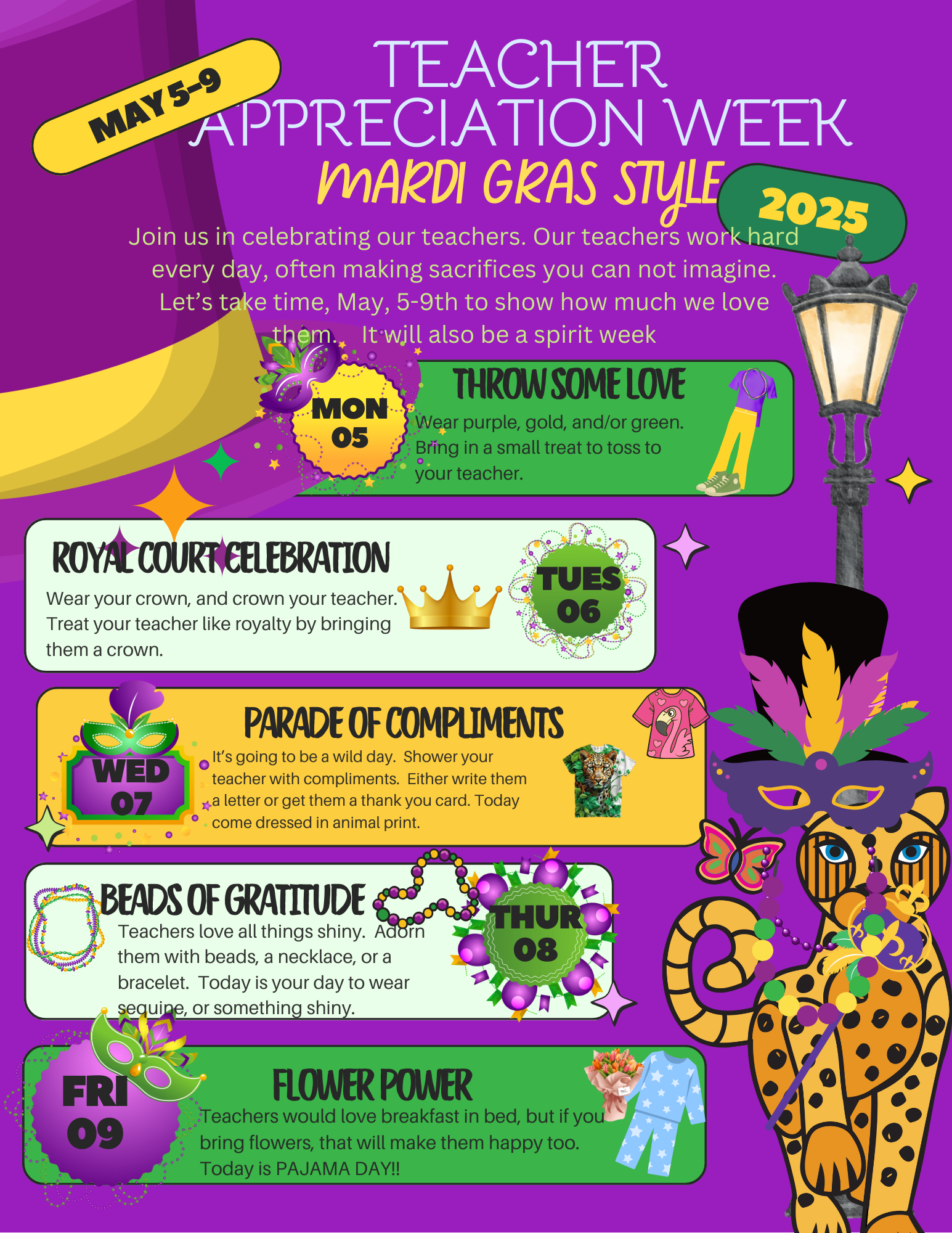 Mardi Gras Teacher Appreciation Week-May 5-9/ Semana de agradecimiento a los maestros del Mardi Gras: del 5 al 9 de mayo