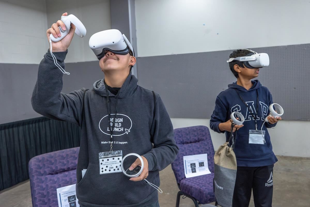 Students wearing VR headsets