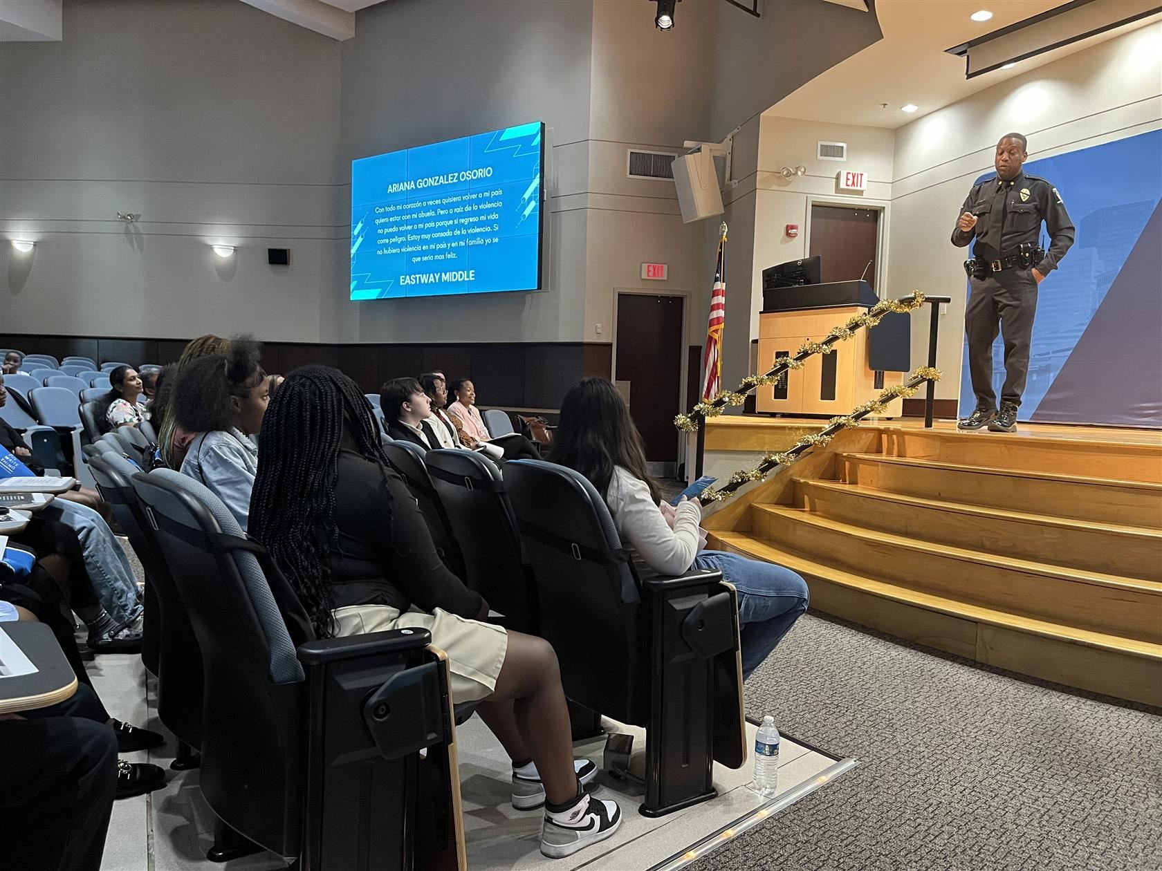 Major Tellis with the Charlotte-Mecklenburg Police Department spoke with students at the Do the Write Thing awards ceremony