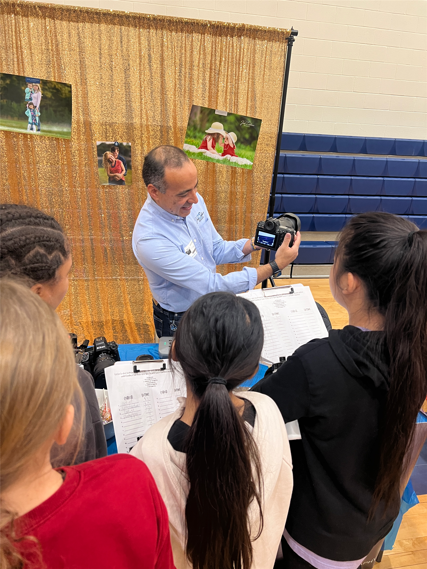 Photographer showing students his camera