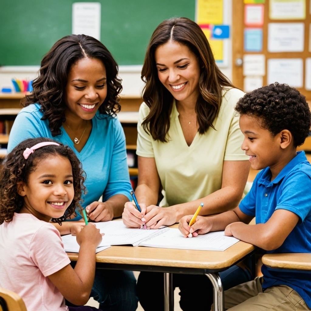 Moms at a desk with their children at school.