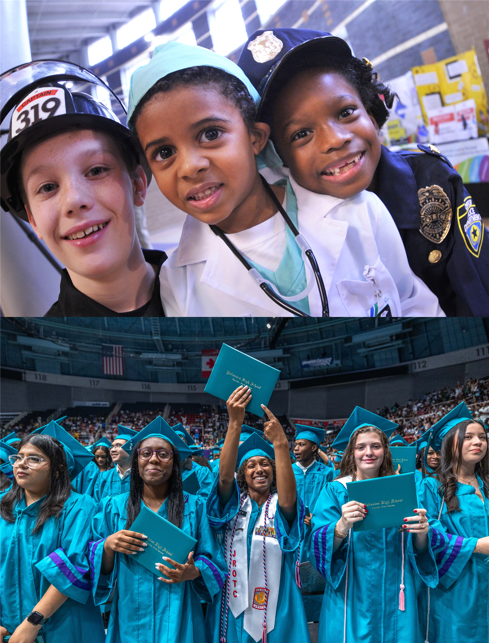 Images of children dressed up for career day and CMS students on graduation day