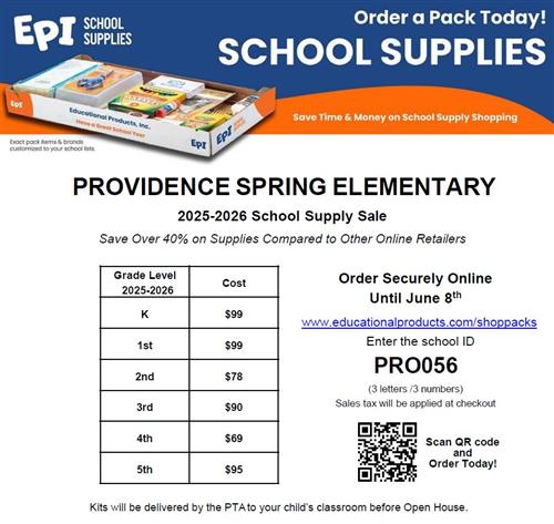 EPI Supply List costs. Kindergarten $99. First grade $99. Second grade $79. Third grade $90. Fourth grade $69. 5th grade $95.